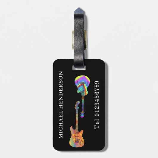 Funky gitaar patroon op zwart monogram bagagelabel (Achterkant verticaal)