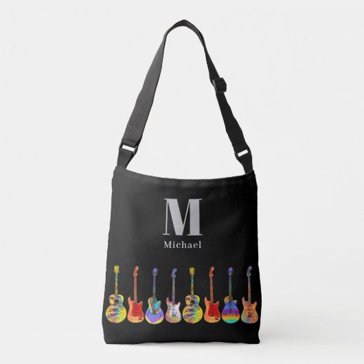 Funky gitaar patroon op zwart monogram crossbody tas (Voorkant)