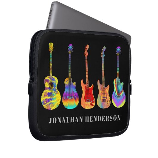 Funky gitaar patroon op zwart voeg naam toe laptop sleeve (Voorkant Rechts)