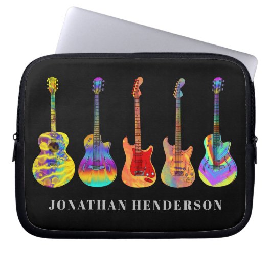 Funky gitaar patroon op zwart voeg naam toe laptop sleeve (Voorkant)