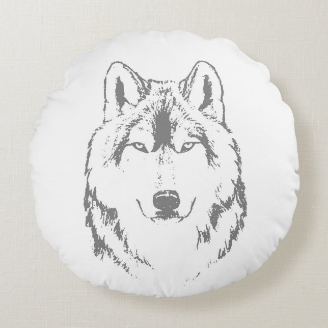 Funky Gray Wolf Face Head Sketch Rond Kussen (Voorkant)