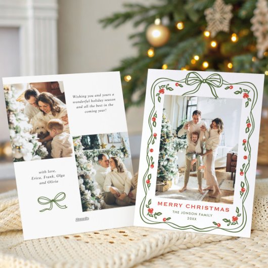 Funky Green Christmas Bow Ribbon 3 Photo Feestdagenkaart
