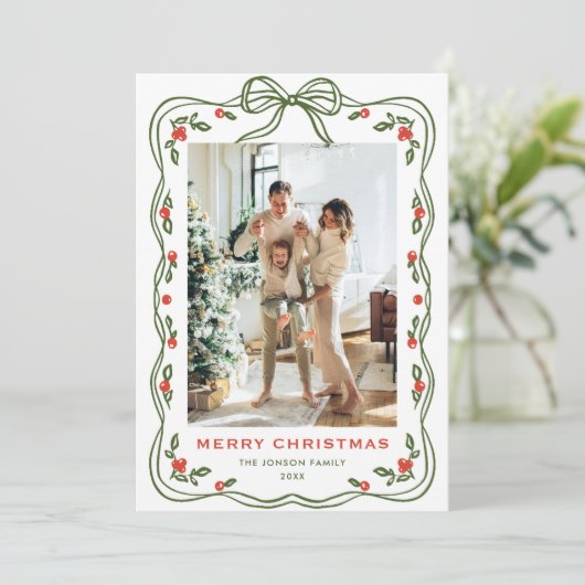 Funky Green Christmas Bow Ribbon 5 Photo Feestdagenkaart (Staand voorkant)