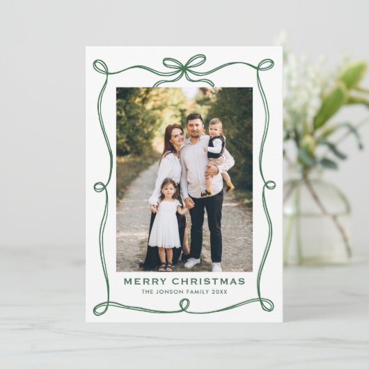 Funky Green Christmas Bow Ribbon 5 Photo Feestdagenkaart (Staand voorkant)