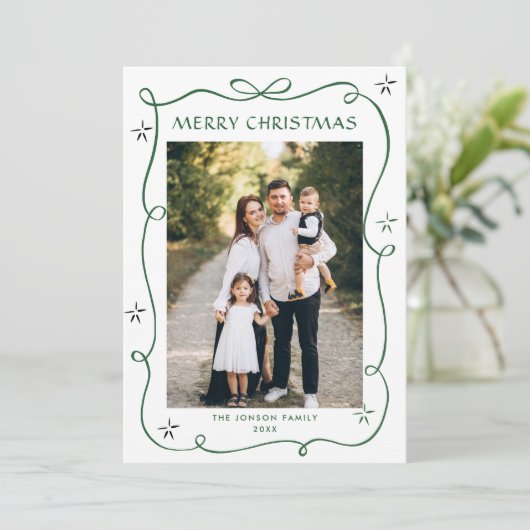 Funky Green Christmas Bow Ribbon 5 Photo Feestdagenkaart (Staand voorkant)