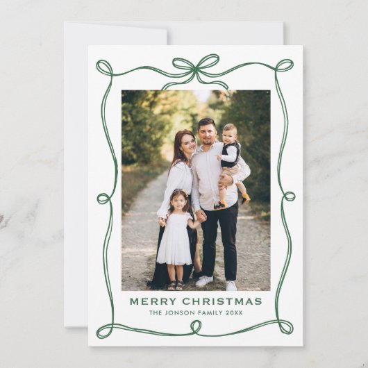 Funky Green Merry Christmas Bow Ribbon 2 Photo Feestdagenkaart (Voorkant)