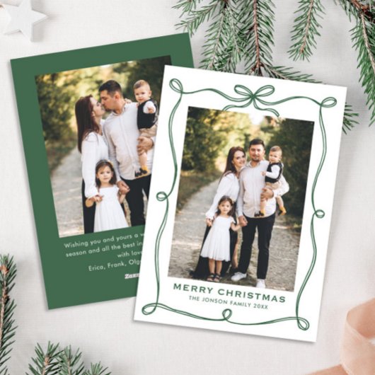 Funky Green Merry Christmas Bow Ribbon 2 Photo Feestdagenkaart