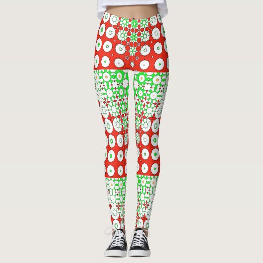 Funky Green, Red, Pattern, Flowers, Leggings (Voorkant)
