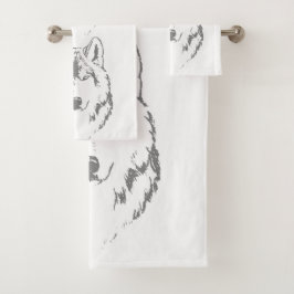 Funky Grey and White Wolf Face Head Sketch Bad Handdoek