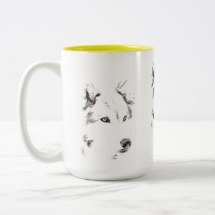 Funky Grey and White Wolf Face Head Sketch Tweekleurige Koffiemok