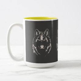 Funky Grey and White Wolf Face Head Sketch Tweekleurige Koffiemok