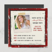 Funky Grunge Birthday Party Invitation (cranberry) Kaart (Voorkant / Achterkant)