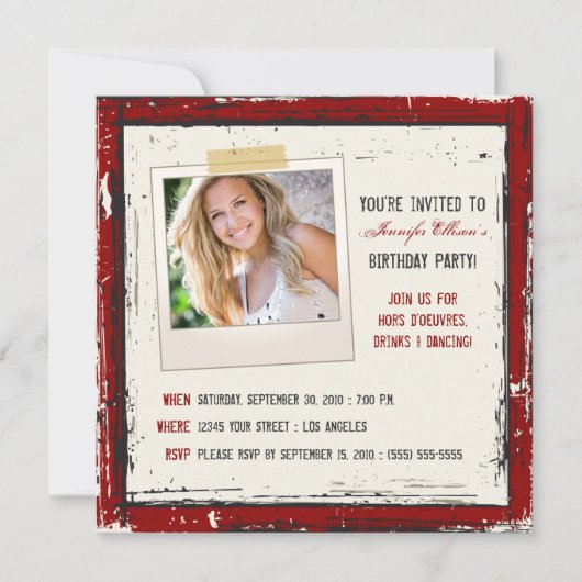 Funky Grunge Birthday Party Invitation (cranberry) Kaart (Voorkant)