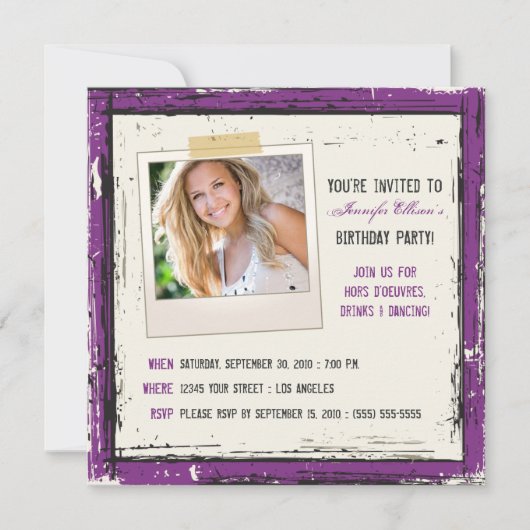 Funky Grunge Birthday Party Invitation (lavender) Kaart (Voorkant)