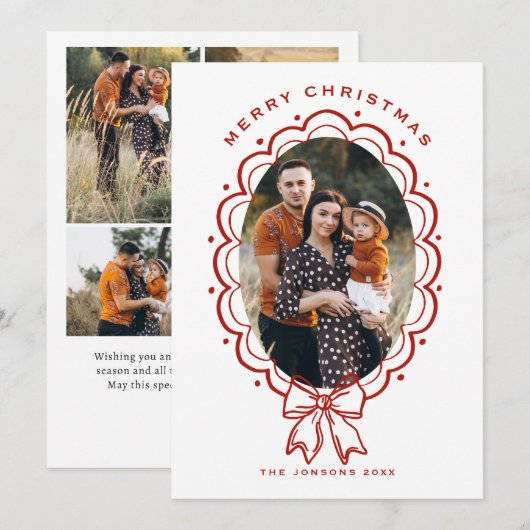 Funky Hand Drawn Christmas Red Bow 5 Photo Feestdagenkaart (Voorkant / Achterkant)