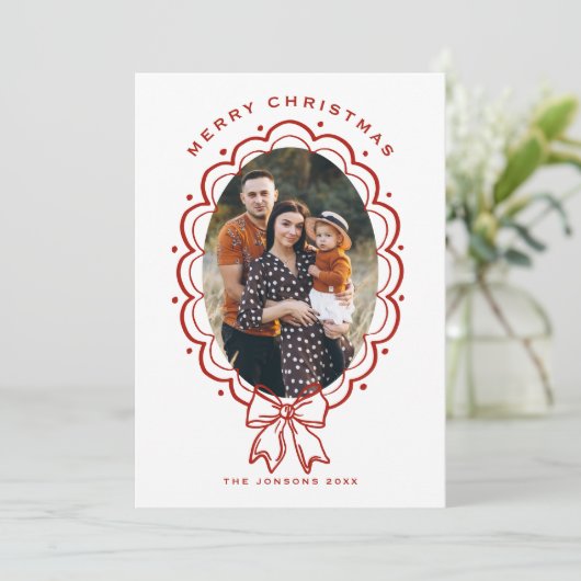 Funky Hand Drawn Christmas Red Bow 5 Photo Feestdagenkaart (Staand voorkant)