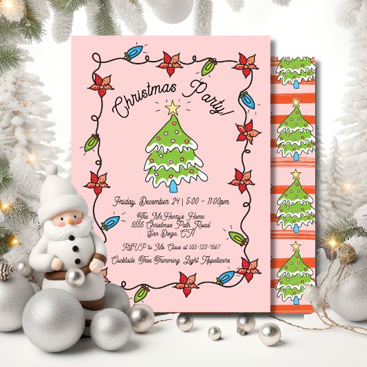 Funky Hand Drawn Christmas Tree Lights Party Kaart