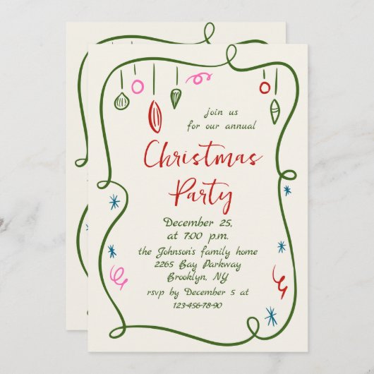 Funky Hand Drawn Whimsical Christmas Holiday Party Kaart (Voorkant / Achterkant)