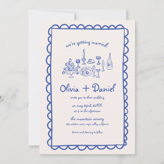 Funky Hand Getrokken Blauw Handschrift Huwelijk Kaart (Voorkant)