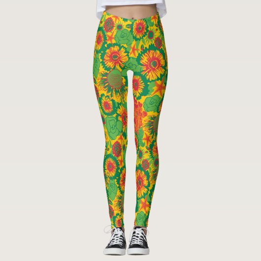 Funky Hand getrokken bloemen Leggings (Voorkant)