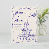 Funky Hand getrokken Champagne Bruiloft Save The D Kaart (Staand voorkant)