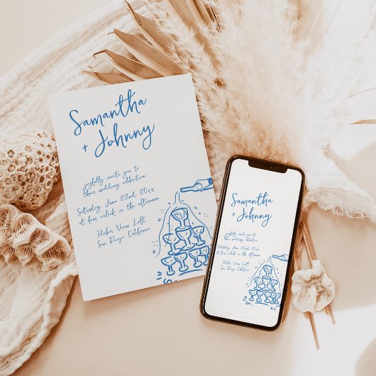 Funky Hand getrokken Champagne Tower bruiloft Kaart