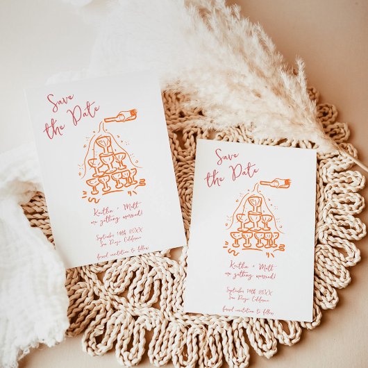 Funky Hand getrokken Champagne Tower bruiloft Kaart