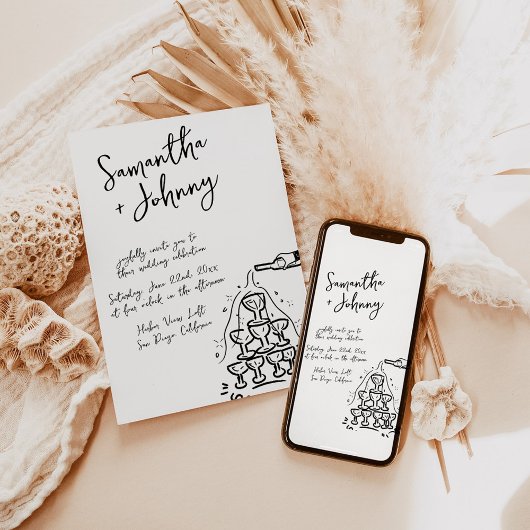 Funky Hand getrokken Champagne Tower bruiloft Kaart