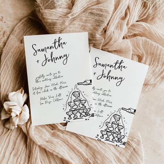 Funky Hand getrokken Champagne Tower bruiloft Kaart