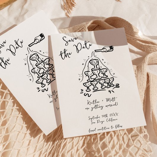 Funky Hand getrokken Champagne Tower bruiloft Kaart