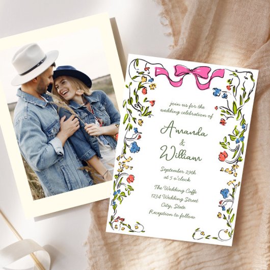 Funky Hand getrokken krabbel retro bruiloft Kaart