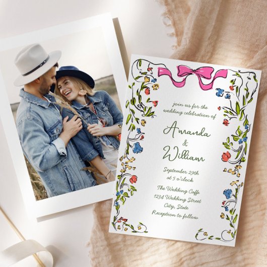 Funky Hand getrokken krabbel retro bruiloft Kaart