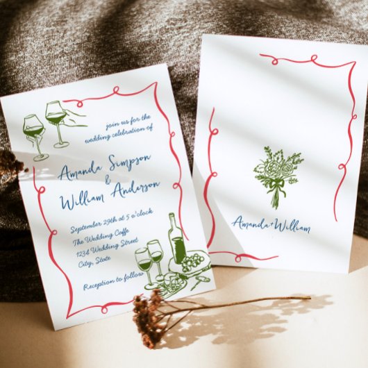 Funky Hand getrokken krabbel retro bruiloft Kaart