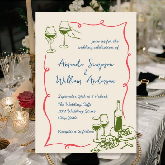 Funky Hand getrokken krabbel retro bruiloft Kaart