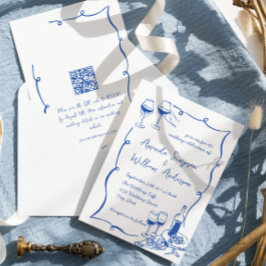 Funky Hand getrokken krabbel retro bruiloft QR-cod Kaart