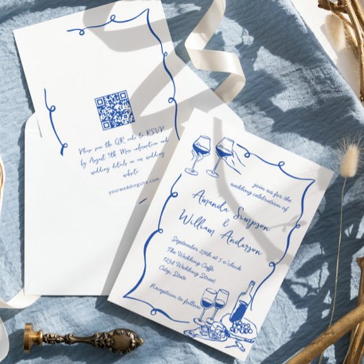 Funky Hand getrokken krabbel retro bruiloft QR-cod Kaart