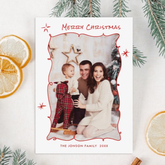 Funky Hand Getrokken Krabbel Retro Kerstfoto Feestdagenkaart