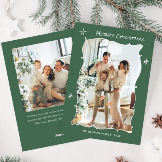 Funky Hand Getrokken Krabbel Retro Kerstmis 2 Foto Feestdagenkaart