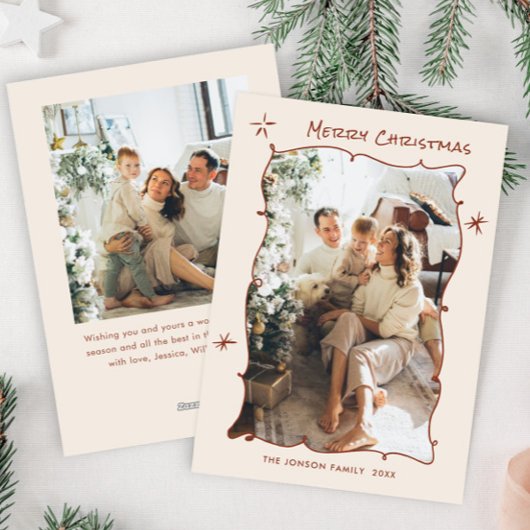 Funky Hand Getrokken Krabbel Retro Kerstmis 2 Foto Feestdagenkaart