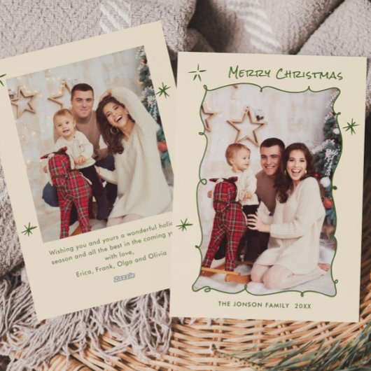 Funky Hand Getrokken Krabbel Retro Kerstmis 2 Foto Feestdagenkaart