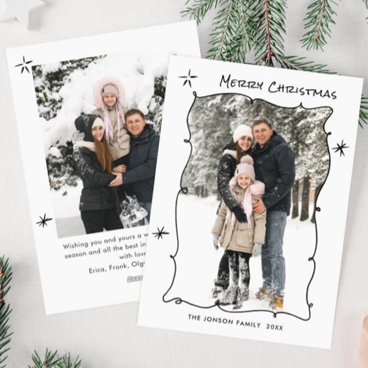 Funky Hand Getrokken Krabbel Retro Kerstmis 2 Foto Feestdagenkaart