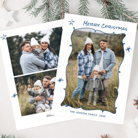 Funky Hand Getrokken Krabbel Retro Kerstmis 3 Foto Feestdagenkaart