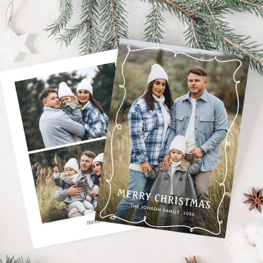 Funky Hand Getrokken Krabbel Retro Kerstmis 3 Foto Feestdagenkaart