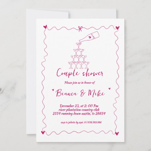 Funky handgeschreven champagne toren paar douche i kaart (Voorkant)