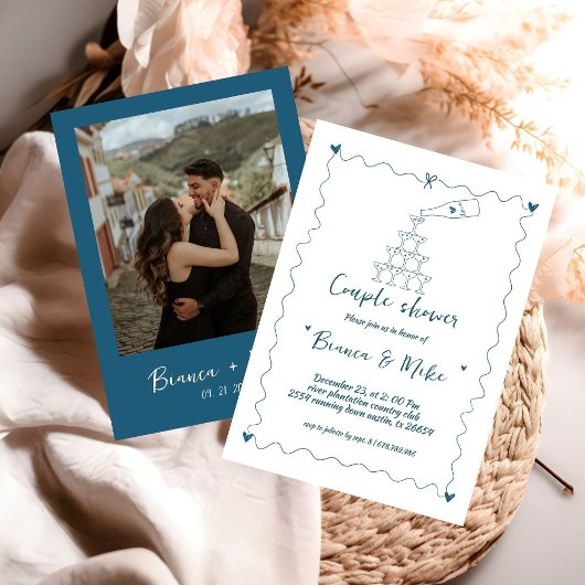 Funky handgeschreven champagne toren paar douche i kaart