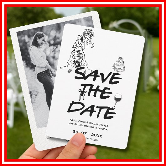 Funky Handgetekende Whimsical Zwart & Wit Foto Save The Date