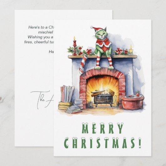 Funky kat op open haard Vrolijk kerstfeest Feestdagenkaart (Voorkant / Achterkant)