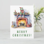 Funky kat op open haard Vrolijk kerstfeest Feestdagenkaart (Staand voorkant)
