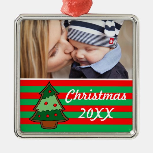 Funky kerstboom en Stripes - Aangepaste foto Metalen Ornament (Voorkant)