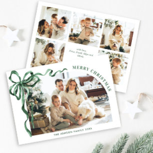 Funky Kerstmis Boho Groen Lint Boog 6 Foto Feestdagenkaart
